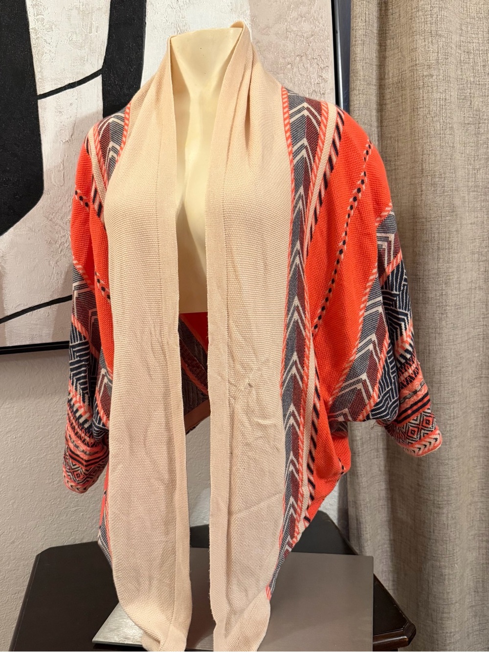 Amisu Beige Knit Cardigan with Cream Trim